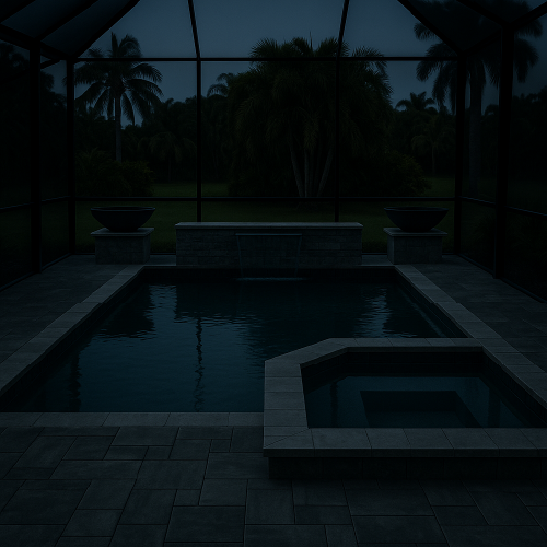 Luxury shotcrete pool with spa and travertine deck at night, systems turned off before automation activation, H2Oasis Pools & Spas Burnt Store Meadows Florida.