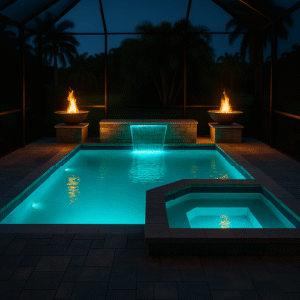 Smart heated pool with automation lights, fire bowls, and water feature glowing at night, built by H2Oasis Pools & Spas in Burnt Store Meadows Florida.