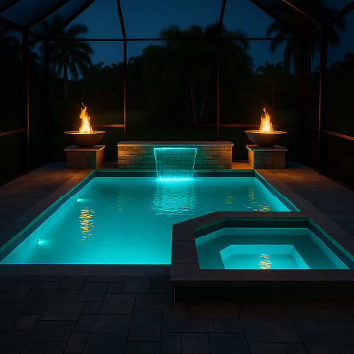 Smart heated pool with automation lights, fire bowls, and water feature glowing at night, built by H2Oasis Pools & Spas in Burnt Store Meadows Florida.