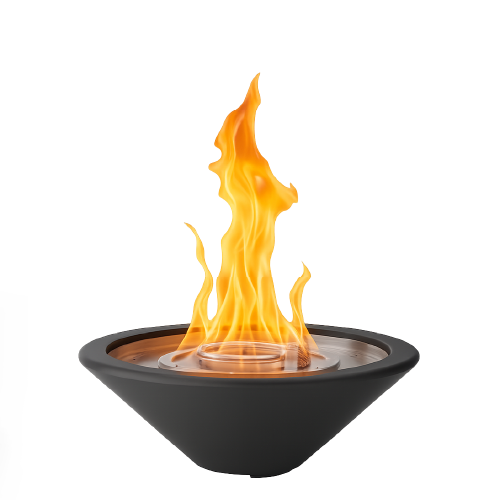 Black fire bowl feature with glowing flame, part of a custom pool design by H2Oasis Pools & Spas in Punta Gorda, Florida.