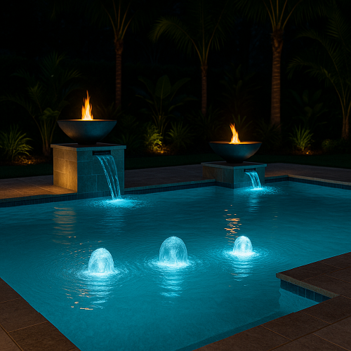 Bubblers and decorative water bowls on a pool sun shelf installed by H2Oasis Pools & Spas in Burnt Store Meadows, Florida.