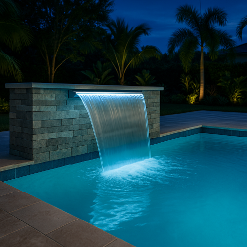 Modern sheer descent water feature with LED lighting and travertine wall designed by H2Oasis Pools & Spas in Burnt Store Meadows, Florida.