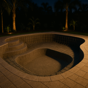 Shotcrete pool under construction in Burnt Store Meadows, Florida, showing rebar framework and concrete shell by H2Oasis Pools & Spas.