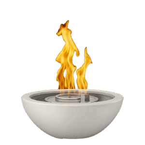 White fire bowl with bright flame used in custom pool designs by H2Oasis Pools & Spas in Burnt Store Meadows, Florida.