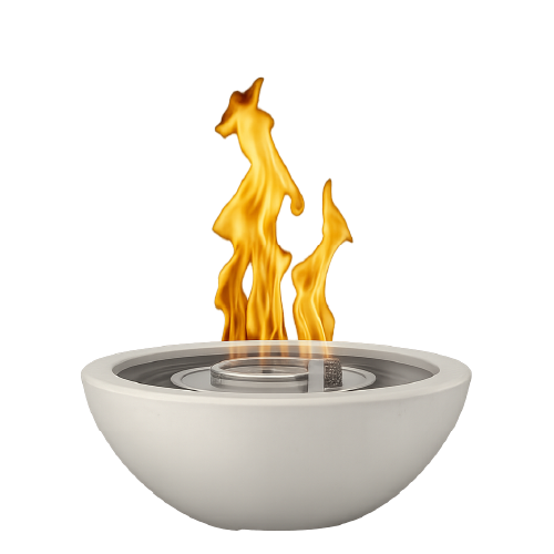 White fire bowl with bright flame used in custom pool designs by H2Oasis Pools & Spas in Burnt Store Meadows, Florida.